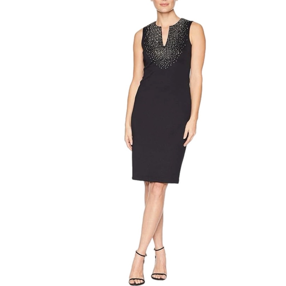 Calvin Klein Black Sleeveless Sheath Dress with Embellished Neckline NWT